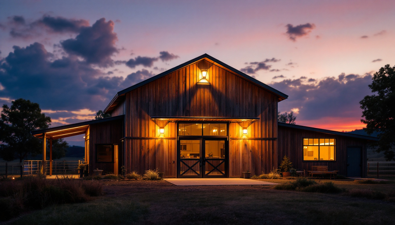 A photograph of capture a photograph of a modern barn illuminated by sleek