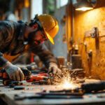 A photograph of a skilled lighting contractor using a variety of electric hand tools in a well-lit workspace