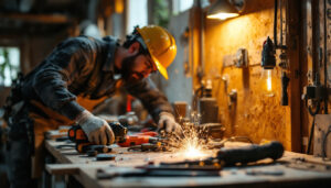 A photograph of a skilled lighting contractor using a variety of electric hand tools in a well-lit workspace