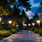 A photograph of a beautifully illuminated outdoor landscape at dusk