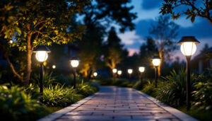 A photograph of a beautifully illuminated outdoor landscape at dusk