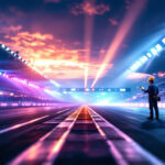 A photograph of a vibrant race track scene featuring illuminated starting lights in action