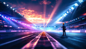 A photograph of a vibrant race track scene featuring illuminated starting lights in action