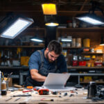 A photograph of a well-lit workspace featuring multiple led shop lights illuminating various tools and equipment