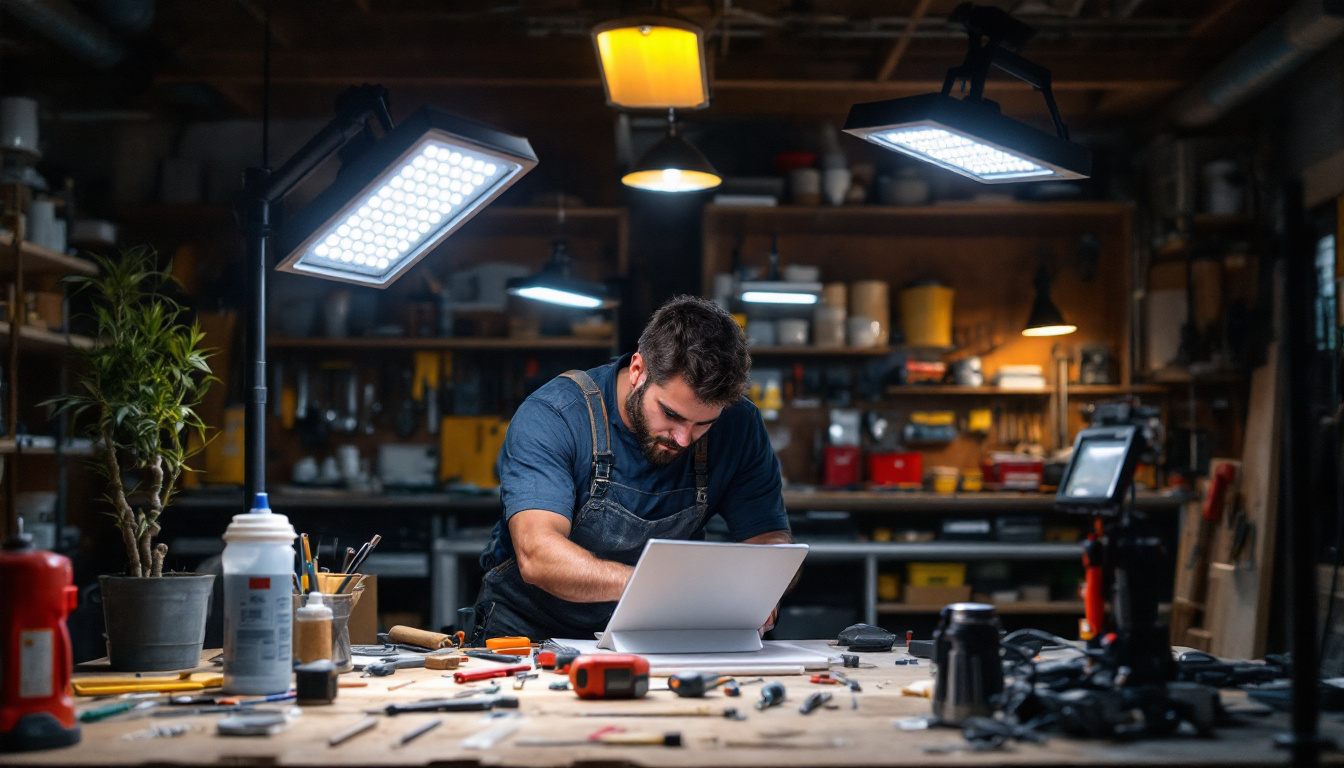 A photograph of a well-lit workspace featuring multiple led shop lights illuminating various tools and equipment