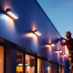 A photograph of a lighting contractor installing sleek