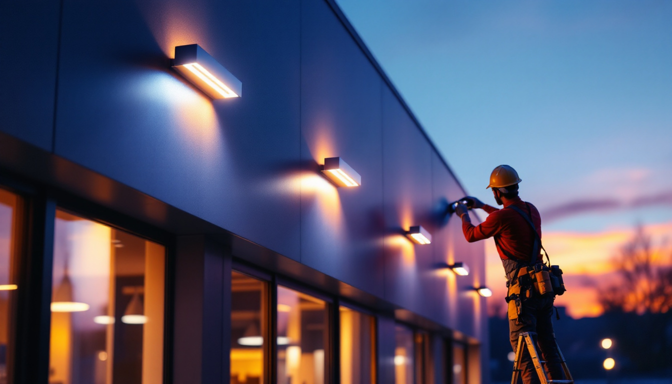 A photograph of a lighting contractor installing sleek