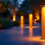 A photograph of a beautifully illuminated outdoor space featuring bollard lighting