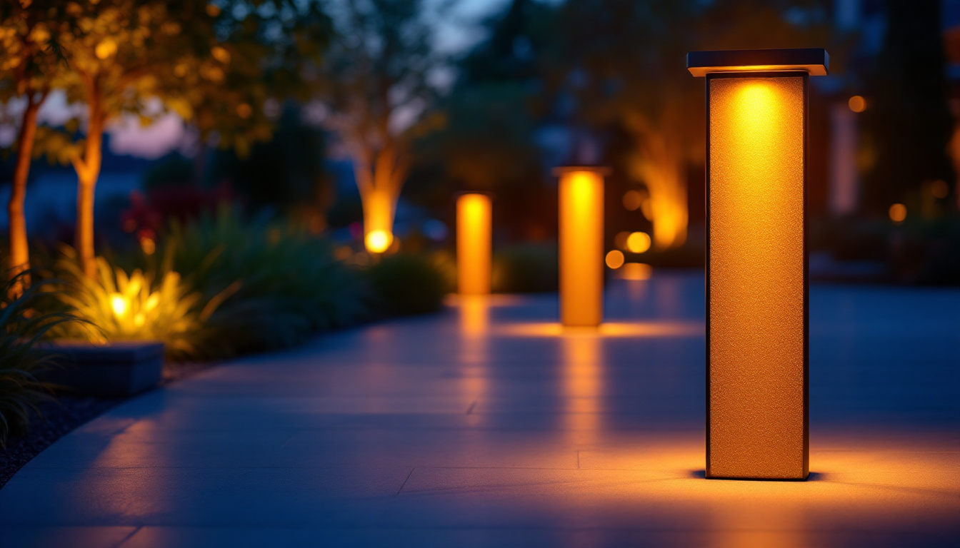 A photograph of a beautifully illuminated outdoor space featuring bollard lighting