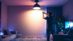 A photograph of a lighting contractor installing led retrofit can lights in a modern residential space