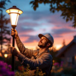 A photograph of a skilled lighting contractor installing or adjusting large outdoor solar lights in a beautifully landscaped garden at dusk