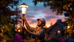 A photograph of a skilled lighting contractor installing or adjusting large outdoor solar lights in a beautifully landscaped garden at dusk