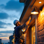 A photograph of a lighting contractor expertly installing or adjusting outdoor lighting fixtures on a commercial building at dusk