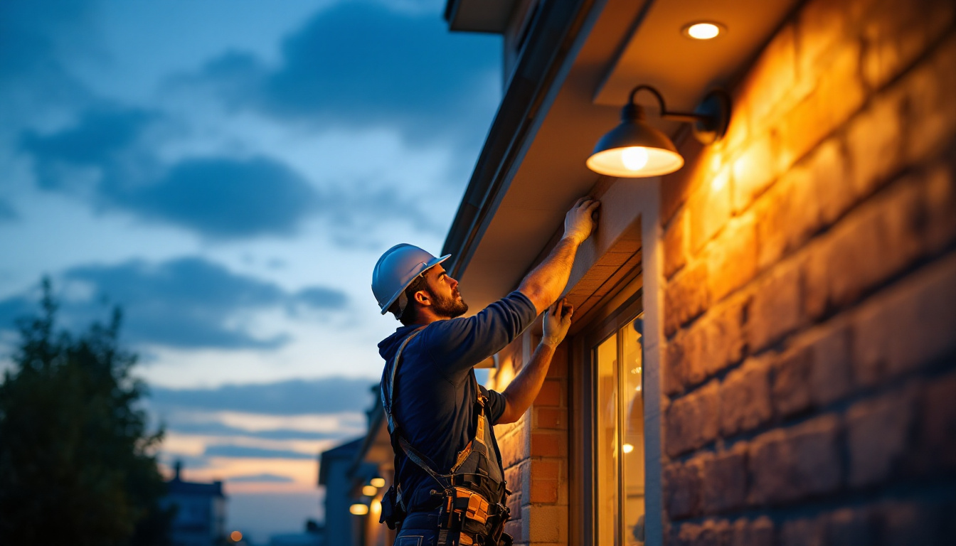 A photograph of a lighting contractor expertly installing or adjusting outdoor lighting fixtures on a commercial building at dusk