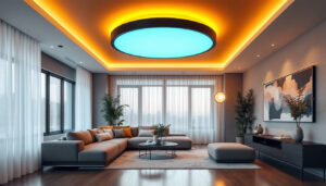 A photograph of a beautifully designed room featuring wafer can lights installed in the ceiling