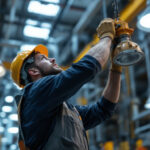 A photograph of a lighting contractor installing explosion-proof lighting fixtures in an industrial setting