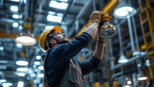 A photograph of a lighting contractor installing explosion-proof lighting fixtures in an industrial setting