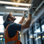 A photograph of a lighting contractor installing or inspecting led flat panels in a modern commercial space