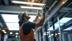 A photograph of a lighting contractor installing or inspecting led flat panels in a modern commercial space