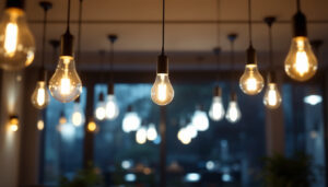 A photograph of a well-lit interior space showcasing various led light bulb installations