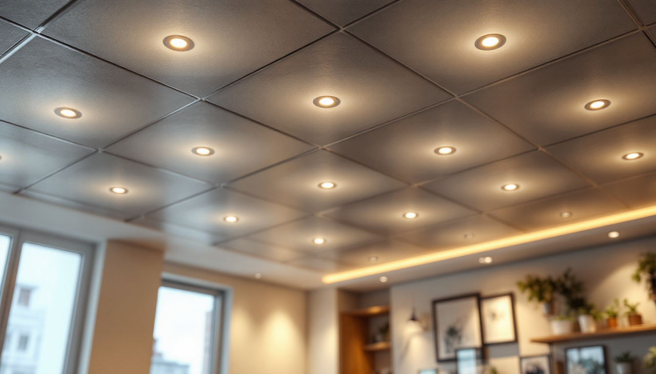 A photograph of a well-designed drop ceiling featuring recessed lighting