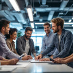 A photograph of a diverse team of professionals engaged in a hands-on training session