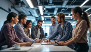A photograph of a diverse team of professionals engaged in a hands-on training session