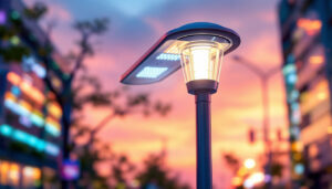 A photograph of a modern street light post equipped with smart technology