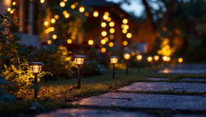 A photograph of a beautifully illuminated outdoor space featuring a variety of small solar lights