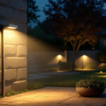 A photograph of a well-lit outdoor space featuring a motion flood light in action