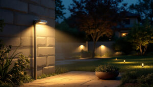 A photograph of a well-lit outdoor space featuring a motion flood light in action