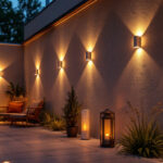 A photograph of a beautifully illuminated outdoor space featuring various styles of led wall lights