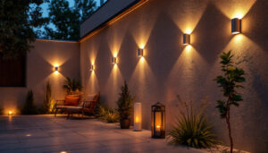 A photograph of a beautifully illuminated outdoor space featuring various styles of led wall lights