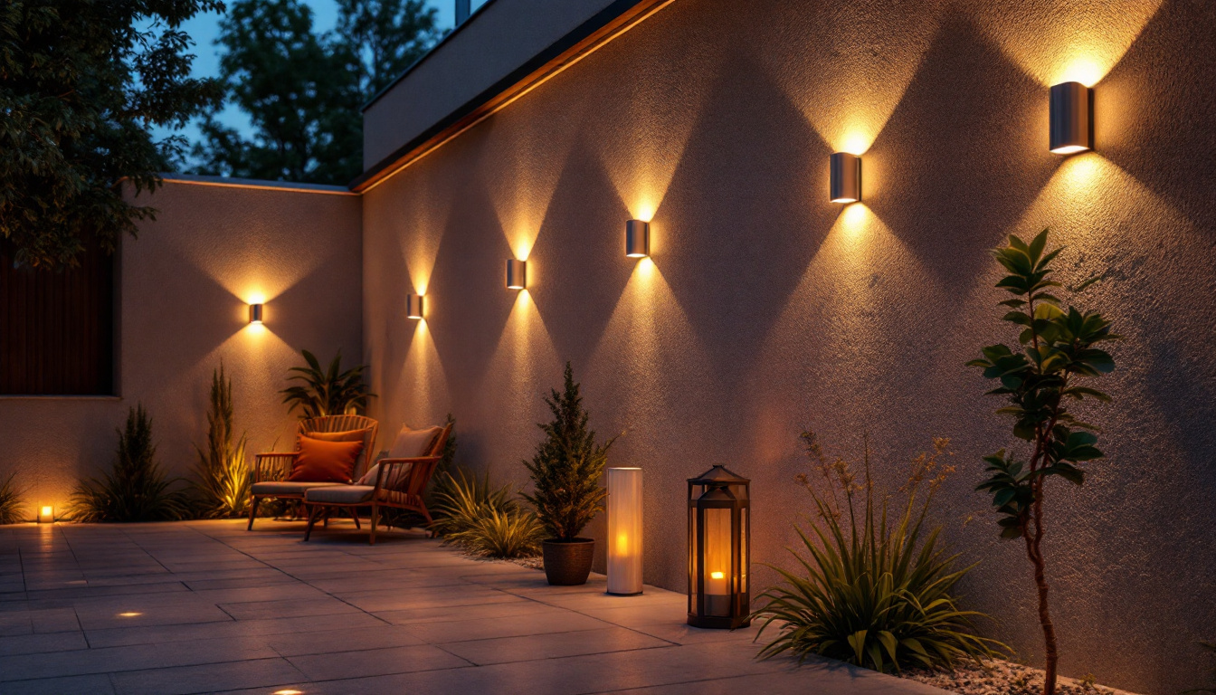 A photograph of a beautifully illuminated outdoor space featuring various styles of led wall lights