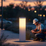 A photograph of a modern light bollard illuminated at dusk in an outdoor setting