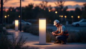 A photograph of a modern light bollard illuminated at dusk in an outdoor setting