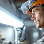 A photograph of a lighting contractor installing or inspecting a 4 bulb t8 ballast in a commercial setting