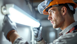 A photograph of a lighting contractor installing or inspecting a 4 bulb t8 ballast in a commercial setting