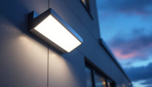 A photograph of a modern led wall pack installed on a commercial building