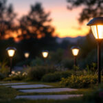 A photograph of a beautifully illuminated outdoor space featuring various styles of led solar lights in a natural setting