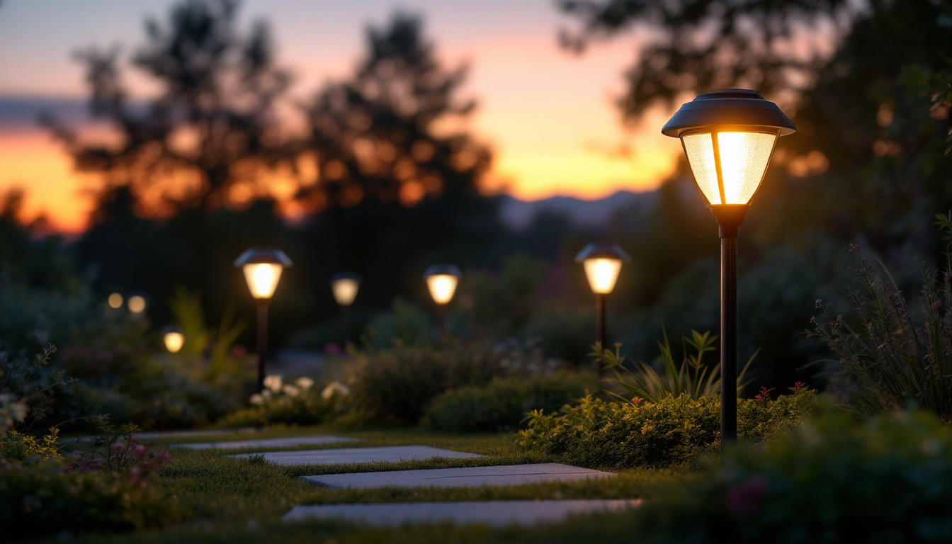 A photograph of a beautifully illuminated outdoor space featuring various styles of led solar lights in a natural setting