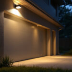 A photograph of a well-lit outdoor garage featuring a motion sensor light in action
