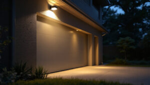 A photograph of a well-lit outdoor garage featuring a motion sensor light in action