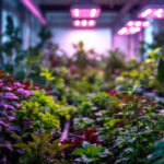 A photograph of a well-lit indoor garden or greenhouse showcasing various plants under specialized grow lights