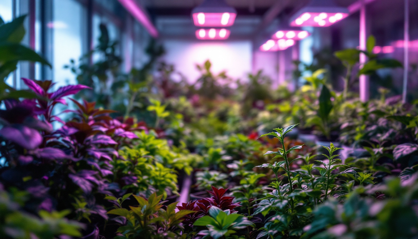 A photograph of a well-lit indoor garden or greenhouse showcasing various plants under specialized grow lights
