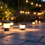 A photograph of a well-lit outdoor space showcasing various solar-powered lights in use