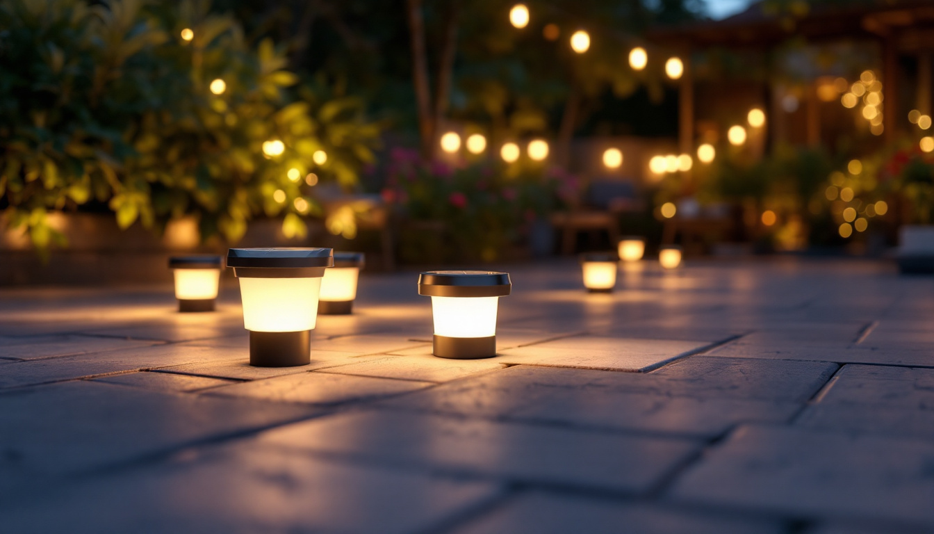 A photograph of a well-lit outdoor space showcasing various solar-powered lights in use