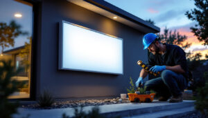 A photograph of a well-designed exterior light box installation in a residential or commercial setting