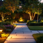 A photograph of a well-lit outdoor space transitioning from dusk to dawn