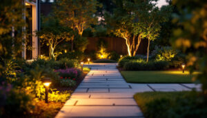 A photograph of a well-lit outdoor space transitioning from dusk to dawn